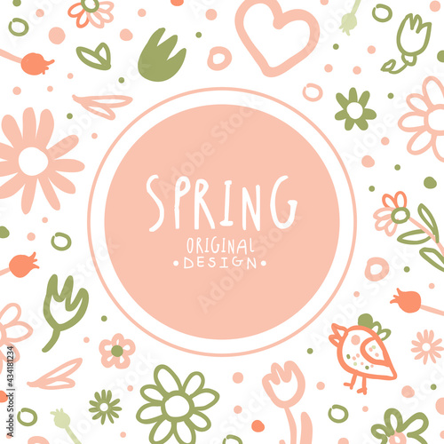 Square Card with Tender Spring Hand Drawn Flowers Vector Template