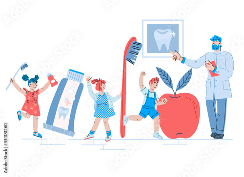 Pediatric dentist advising children about dental care and tooth health. Design for pediatric dentistry services or dental clinic for kids, cartoon vector illustration isolated on white background.