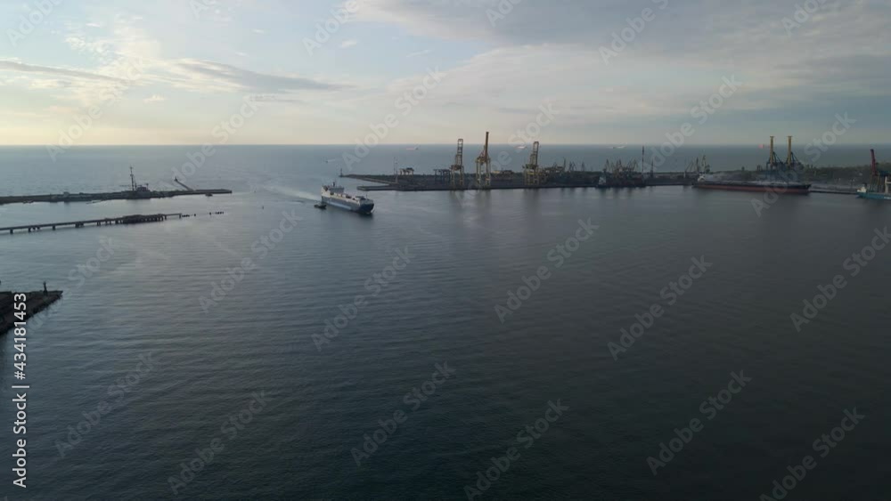 aerial view of the ship Cargo ship entering the port aerial filming 4K video aerial view of the ship Cargo ship entering the port aerial filming 4K video
