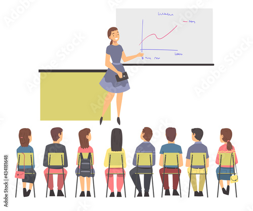 Training with People Characters Sitting in Row Listening to Woman Instructor Showing Graph on Flipchart Vector Illustration
