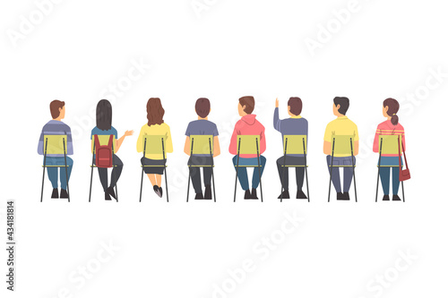 Training with People Characters Sitting in Row on Chairs Listening Back View Vector Illustration