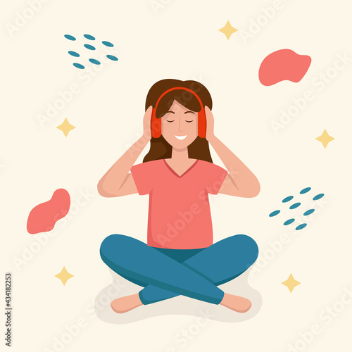 Happy girl in the headphones listening. Vector illustration in flat style.