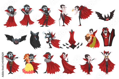 Count Dracula Wearing Red Cape, Halloween Characters in Carnival Costumes Cartoon Vector Illustration