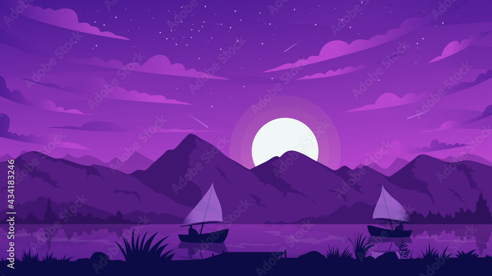 Night mountain landscape, fishing boat vector illustration. Cartoon river or lake coast scenery with fisher sailboat silhouettes floating on water and moonlight, midnight dark violet scene background Night mountain landscape, fishing boat vector illustration. Cartoon river or lake coast scenery with fisher sailboat silhouettes floating on water and moonlight, midnight dark violet scene background