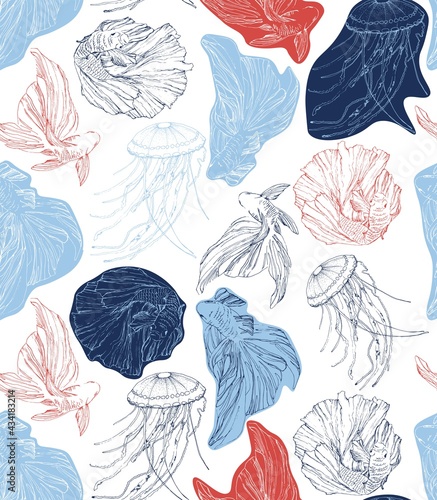 colorfull decorative seamless pattern with siamese fighting fish and jellyfish. Blue, red and white vector. Perfect for wallpapers, web page backgrounds, surface textures, textile.