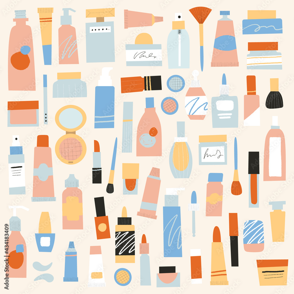 Cosmetics and make up big set of containers and tubes. Body lotion, face cleanser, toothpaste, perfume, brush in cute hand drawn textured packages. Organic beauty products concept vector illustration. Cosmetics and make up big set of containers and tubes. Body lotion, face cleanser, toothpaste, perfume, brush in cute hand drawn textured packages. Organic beauty products concept vector illustration.