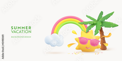 Summer 3d banner design. Realistic render scene tropical palm tree, sun, rainbow, cloud. Tropic beach objects, Holiday web poster, flyer, seasonal brochure, cover. Summertime modern background
