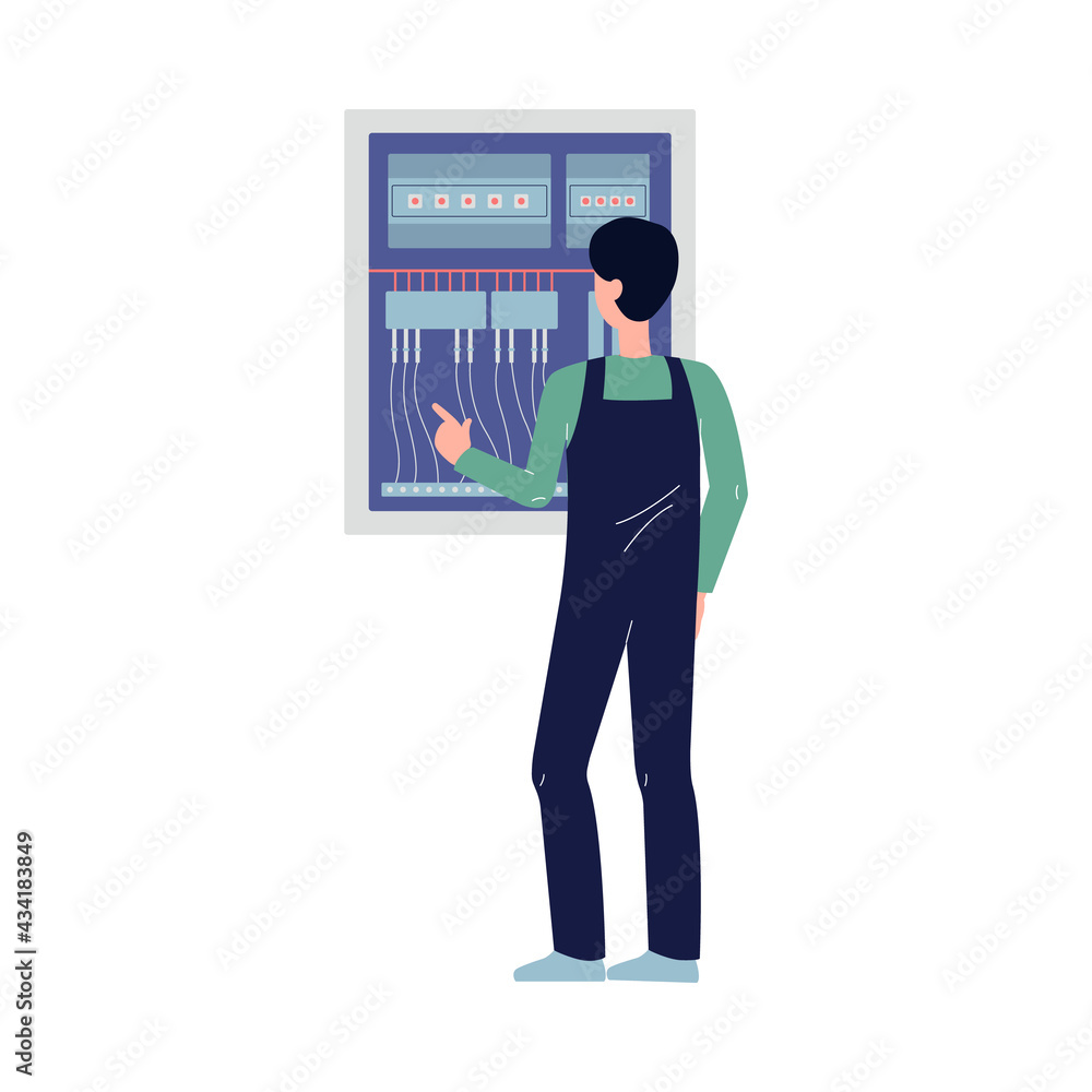 Electrician worker in front of switchboard, flat vector illustration isolated. Electrician worker in front of switchboard, flat vector illustration isolated.
