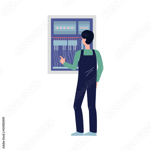 Electrician worker in front of switchboard, flat vector illustration isolated.