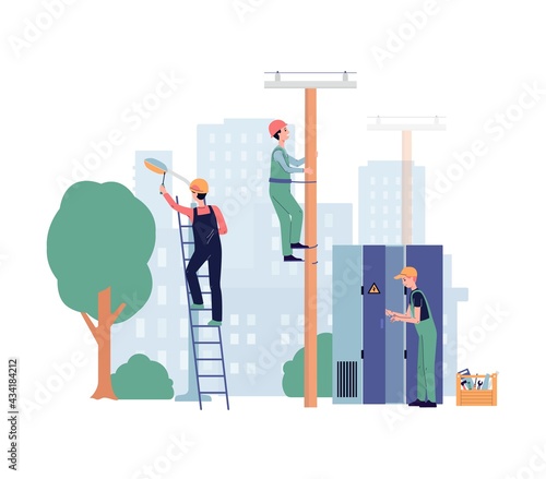 Electrician workers install or service lighting, flat vector illustration.