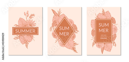 Set of summer vertical modern floral designs with hand drawn botany elements