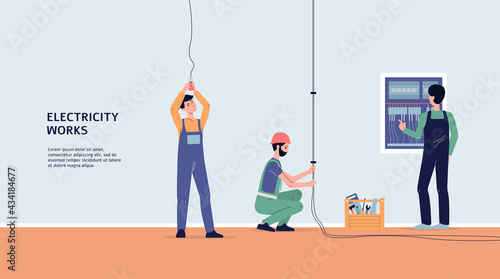 Vector banner with professional electricians workers performing electric works