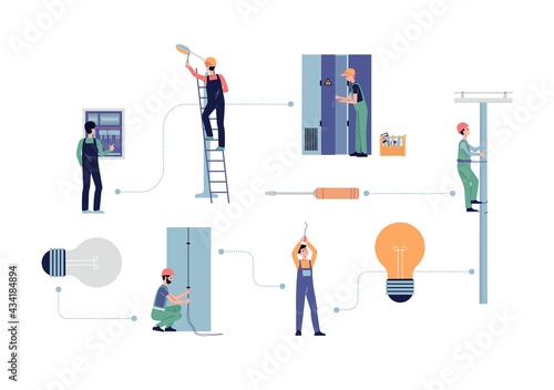 Set of electricians cartoon characters flat vector illustration isolated.