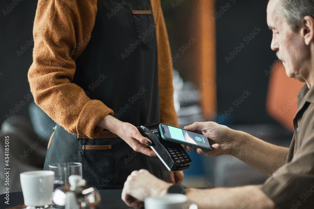 Serious senior man sitting at table and using NFC on smartphone while paying for lunch in cafe, waitress in apron holding payment terminal