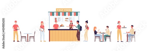 Fast food restaurant or cafe with visitors and workers a vector flat illustration