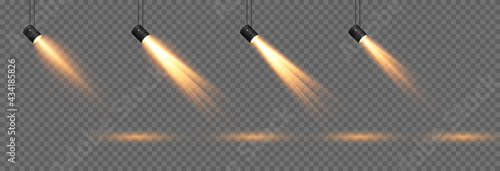 Vector set of light. Light source, studio lighting, walls, png. Yellow, golden light. Spot lighting, spotlight PNG. Rays, light effect.