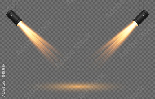 Vector set of light. Light source, studio lighting, walls, png. Yellow, golden light. Spot lighting, spotlight PNG. Rays, light effect.