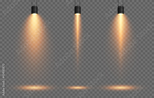 Vector set of light. Light source, studio lighting, walls, png. Yellow, golden light. Spot lighting, spotlight PNG. Rays, light effect.