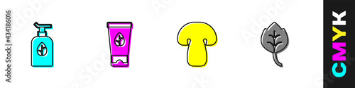 Set Organic cosmetic, , Mushroom and Leaf or leaves icon. Vector