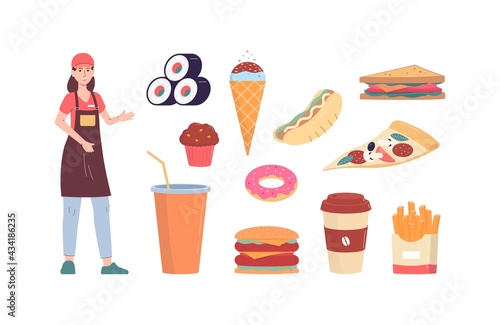 Restaurant worker and icons of various food, flat vector illustration isolated.
