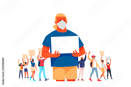 Protester man holding empty banner. Activist protesting, political meeting, strike human rights. Parade, picket and strike. Cartoon character flat style vector illustration isolated on white