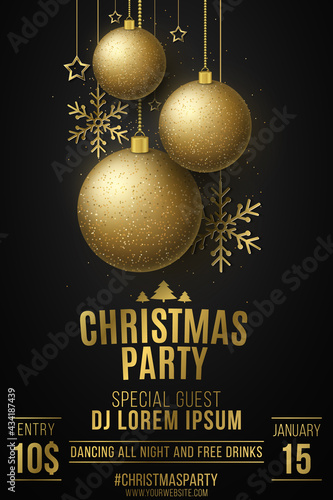 Christmas party design poster. Golden glittering balls with sequins. Decorations of hanging stars and snowflakes on a dark background. Dj name. Night disco in the club. Happy New Year.