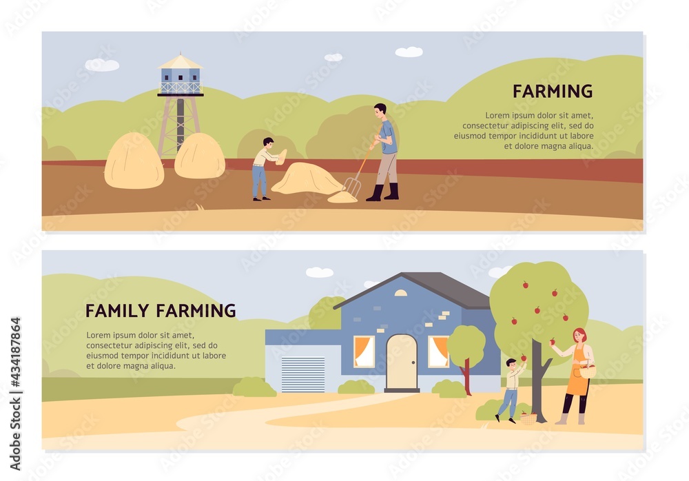Set banners on topic of family farming with farmers, flat vector illustration.