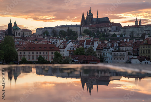 reflection of Prague castle at sunset