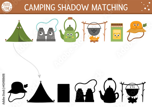 Summer camp shadow matching activity for children with cute kawaii camping equipment. Family nature trip puzzle with cute objects. Find the correct silhouette printable worksheet or game. .