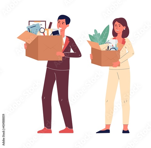 People holding boxes with office supplies, flat vector illustration isolated.