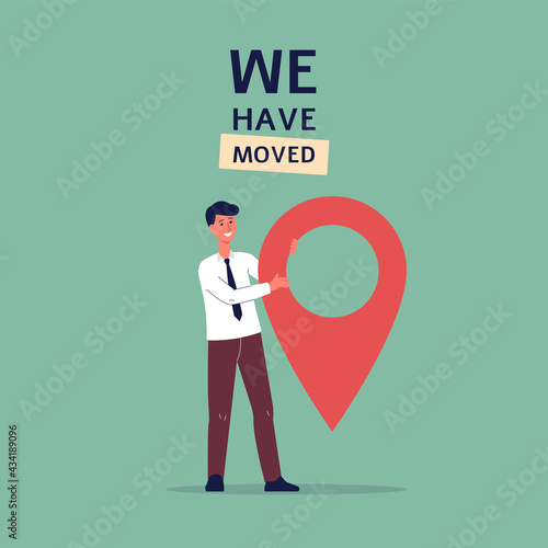 We have moved banner or card with businessman, flat vector illustration.