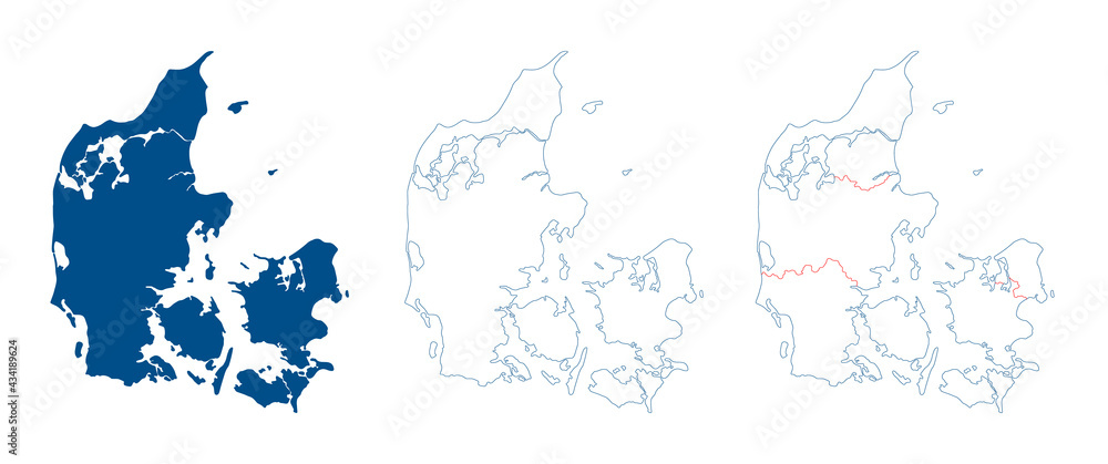 Denmark map vector. High detailed vector outline, blue silhouette and administrative divisions map of Denmark. All isolated on white background. Template for website, design, cover, infographics - obrazy, fototapety, plakaty 