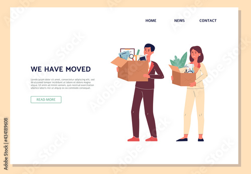 Website with people moving belongings to new office, flat vector illustration.