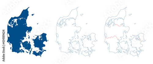 Denmark map vector. High detailed vector outline, blue silhouette and administrative divisions map of Denmark. All isolated on white background. Template for website, design, cover, infographics photo