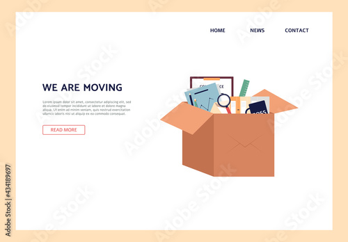 We are moving site interface for business relocation, flat vector illustration.