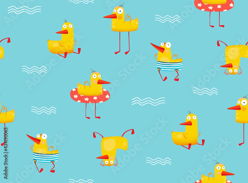 Funny Yellow duck swimming with inflatable in pool. Humorous duck seamless pattern for children apparel and textile. Vector background.