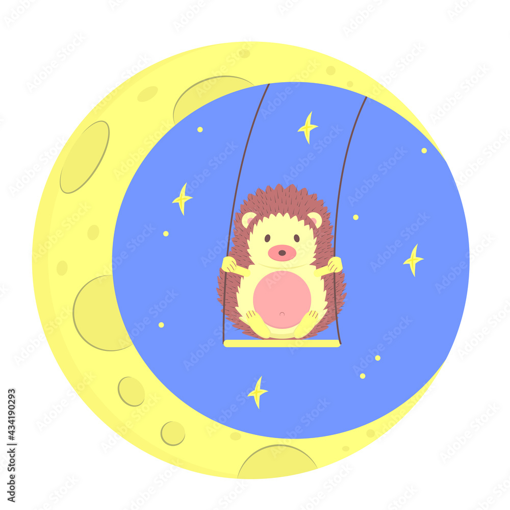 Obraz premium Cute hedgehog sways on a crescent moon. Wonderful forest character. Can be used for t-shirt, emblem, sticker, postcard, badge, kids print, poster, banner. Vector illustration in cartoon style