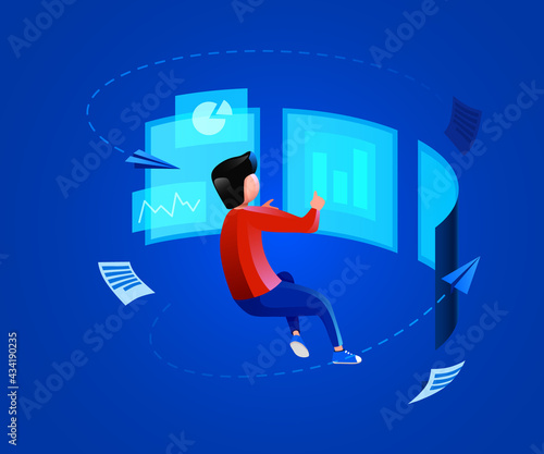 People fly around virtual monitor. Analyzing digital data, virtual reality and financial management.