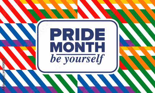 LGBTQIA Pride Month in June. Lesbian Gay Bisexual Transgender. Celebrated annual. LGBT flag. Rainbow love concept. Human rights and tolerance. Poster, card, banner and background. Vector illustration