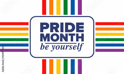LGBTQIA Pride Month in June. Lesbian Gay Bisexual Transgender. Celebrated annual. LGBT flag. Rainbow love concept. Human rights and tolerance. Poster, card, banner and background. Vector illustration