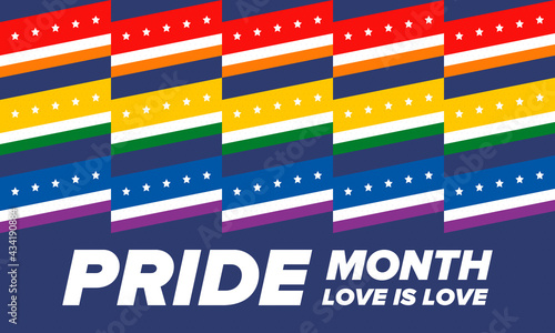 LGBTQIA Pride Month in June. Lesbian Gay Bisexual Transgender. Celebrated annual. LGBT flag. Rainbow love concept. Human rights and tolerance. Poster, card, banner and background. Vector illustration