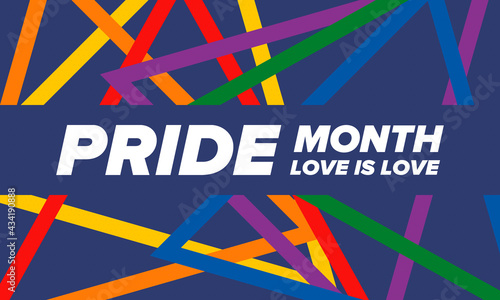 LGBTQIA Pride Month in June. Lesbian Gay Bisexual Transgender. Celebrated annual. LGBT flag. Rainbow love concept. Human rights and tolerance. Poster, card, banner and background. Vector illustration