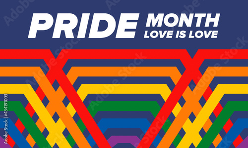 LGBTQIA Pride Month in June. Lesbian Gay Bisexual Transgender. Celebrated annual. LGBT flag. Rainbow love concept. Human rights and tolerance. Poster, card, banner and background. Vector illustration