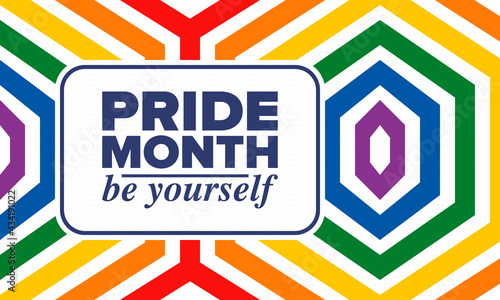 LGBTQIA Pride Month in June. Lesbian Gay Bisexual Transgender. Celebrated annual. LGBT flag. Rainbow love concept. Human rights and tolerance. Poster, card, banner and background. Vector illustration