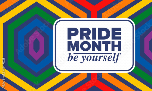 LGBTQIA Pride Month in June. Lesbian Gay Bisexual Transgender. Celebrated annual. LGBT flag. Rainbow love concept. Human rights and tolerance. Poster, card, banner and background. Vector illustration