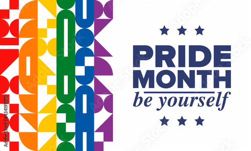 LGBTQIA Pride Month in June. Lesbian Gay Bisexual Transgender. Celebrated annual. LGBT flag. Rainbow love concept. Human rights and tolerance. Poster, card, banner and background. Vector illustration