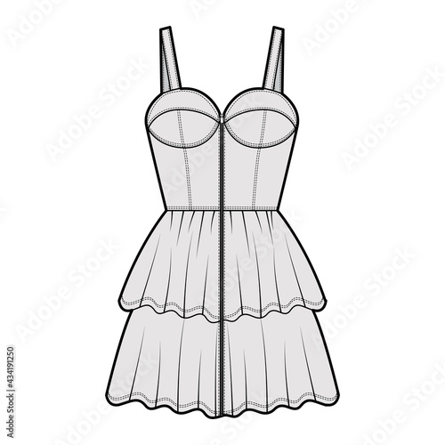 Zip-up bustier dress technical fashion illustration with shoulder straps, fitted body, 2 row mini length ruffle tiered skirt. Flat apparel front, grey color style. Women, men unisex CAD mockup