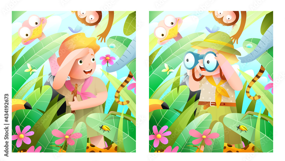 Fototapeta premium Boy and girl scout kids on jungle safari adventure with African animals, looking with binoculars. Scout kids adventure in forest, vector poster design in watercolor style.