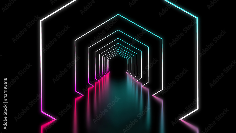 Hexagonal neon background in purple blue colors. Tech background futuristic space tunnel light. Future,black neon cyber abstract art 3d render. Hexagonal neon background in purple blue colors. Tech background futuristic space tunnel light. Future,black neon cyber abstract art 3d render.