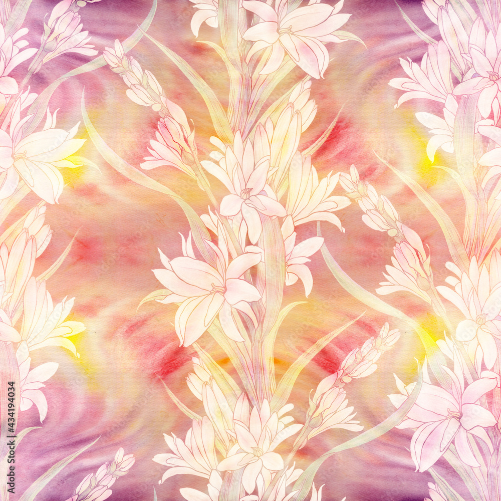 Tuberose is an image of perfumery and cosmetic plants. Seamless patterns. Use printed materials, fabric prints, posters, postcards, packaging. Decorative composition. Floral ornament.